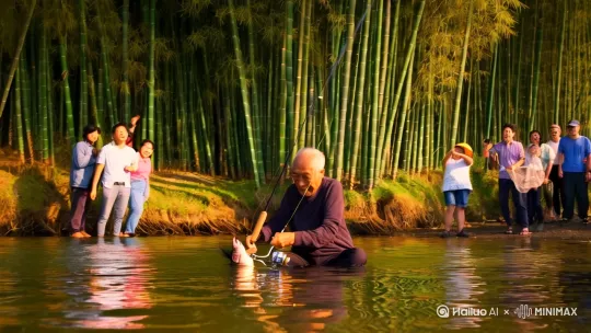 河岸边，坐着的老汉用力拉杆，鱼儿拼死挣扎，江边一老头儿上鱼了，好多人在围观，有人拿抄网准备来帮忙，有人在喝彩，有人拿出手机照相，江边有竹林，阳光明媚，微风轻轻吹[跟随][左移,右摇,跟随] by Hailuo AI Video Generator