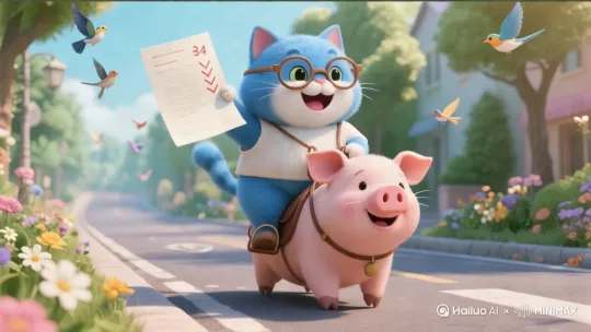 小猫骑着小猪跑，小猫兴奋的手舞足蹈[推出,上升,下摇] by Hailuo AI Video Generator