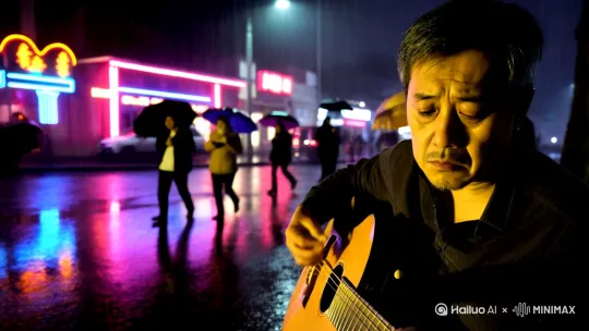 街头艺人 + 夜晚 + 霓虹灯 + 下雨 + 路人撑伞经过 + 电影感 + 超现实色彩 + 城市的孤独感 by Hailuo AI Video Generator