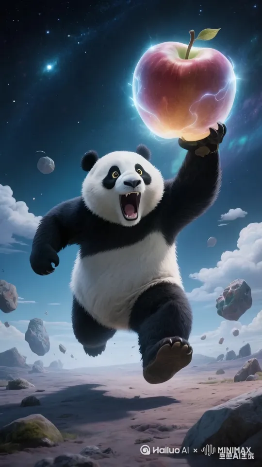熊猫举着苹果向镜头跑来，一边跑一边喊，苹果电流特效，星星闪射，云飘动，空中的石头向镜头飘来。突然苹果爆炸，碎片横飞。 by Hailuo AI Video Generator