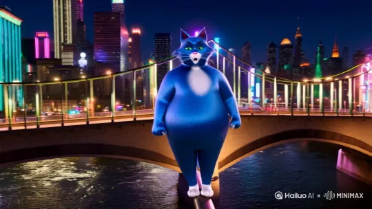 城市中一只胖蓝猫人从大桥上跳江自尽 by Hailuo AI Video Generator