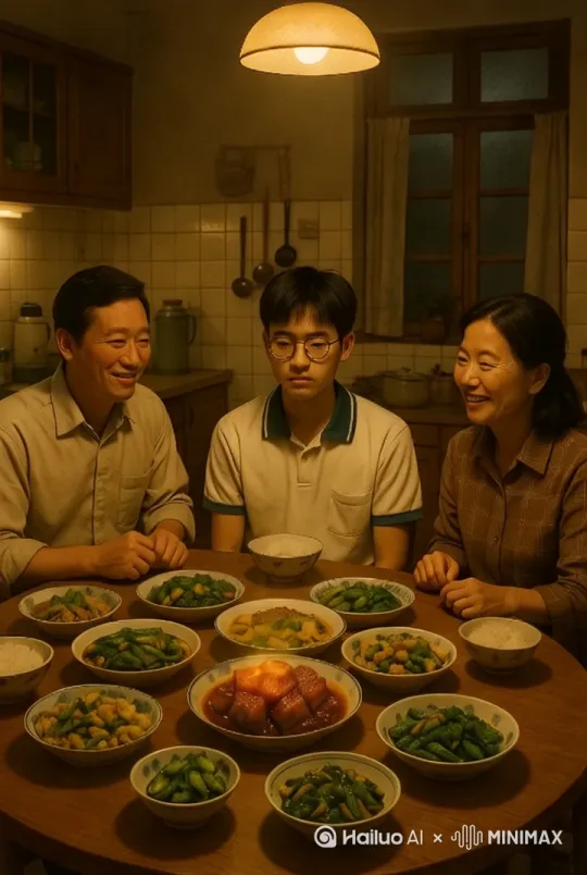 场景是在80年代的一个饭桌上，饭桌上摆着很多菜，最中间摆着红烧肉，红烧肉热气腾腾。
爸爸妈妈和孩子围坐围坐在餐桌前，孩子坐在中间，并且戴着眼镜，爸爸语重心长的说孩子，高考不是人生的全部，但你却是爸妈的全部，爸爸说话时有手势。妈妈在爸爸说完之后也说了一句话，高考是道选择题，妈妈永远选择你。生成9比16的格式，时长10秒 by Hailuo AI Video Generator