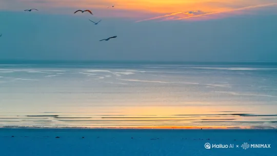 站在沙滩上，看着海面，太阳渐渐出来，海鸥在天空中飞翔，电影质感 by Hailuo AI Video Generator