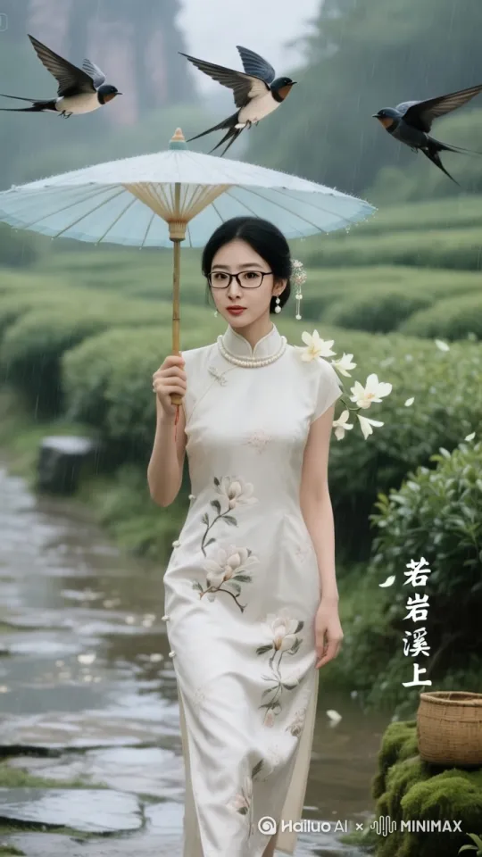 长发飘飘的女子，身穿翠绿色的长裙，右手撑着一把漂亮花纹的油纸伞，左手轻拂被风吹动的长发。站在竹排上，竹排从波光粼粼的漓江飘过，漓江的山慢慢的从她身后退去。她迎着朝阳，微笑着看着漓江两边的山水，悠然自得。 by Hailuo AI Video Generator