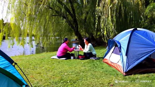 在一河边草坪，草坪旁有帐篷，杨柳依依，飞鸟抓鱼，三个女子在斗地主，笑声哈哈。 by Hailuo AI Video Generator