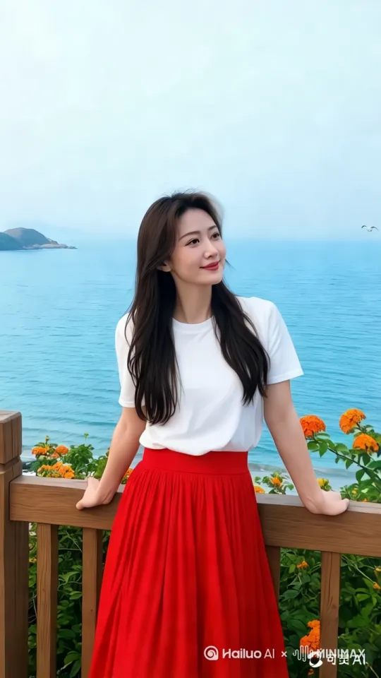 人物看向大海，，最后在自然的回头看向镜头 by Hailuo AI Video Generator