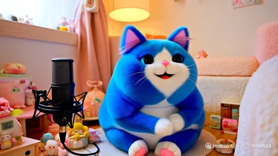 帮我以抖音很火的动画人物蓝色胖猫为主角创作一期声控助眠视频，它在一个充满小物品温馨的房间，大大的眼睛很开心的看着前面，坐在地上面前有一个麦克风，正在不断搓自己的手 by Hailuo AI Video Generator