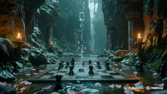 水流从上边留下来，冲击棋盘，水面缓缓的流动，蜡烛燃烧效果，要求动态合理，镜头保持现状不动 by Hailuo AI Video Generator