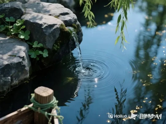 青色玄武岩泉眼特写，水流如蚕丝垂落水面泛起同心圆波纹，暗示_无声_的流动石缝间点缀深绿虎耳草斜向构图的垂柳将阴影投在镜面般的水塘柳枝间隙漏下光斑，在水面形成金 镜头逐渐拉近 聚焦 by Hailuo AI Video Generator