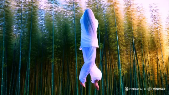 身着白色练功服的瘦高男子背对镜头悬浮半空，银白长发在无形气流中如丝绸飘动。竹林的晨光中，竹叶微微反光，摄像机保持静止捕捉衣袂与发丝的动态美感。 分镜2: 人物在空中突然打响指，掌间迸发微光涟漪。镜头缓慢拉远展现整个悬浮场景，竹林与飘动的竹叶构成丰富层次，柔和的自然光线下呈现超现实的东方意境。 by Hailuo AI Video Generator