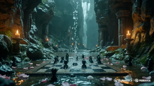 水流从上边留下来，冲击棋盘，水面缓缓的流动，蜡烛燃烧效果，要求动态合理，镜头向前穿过水流，缓缓推进 by Hailuo AI Video Generator