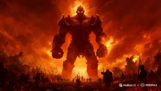 让图中的火焰巨人缓缓向你走来[跟随]，最后脸部特写。 by Hailuo AI Video Generator