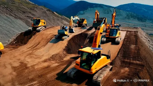 生成一个山地地区，几台推土机大规模平整场地的视频。
主体：山地施工机械群（3台挖掘机+5台推土机）在坡度25°场地作业。  
动作：阶梯式开挖→土方平衡转运→分层压实（振动压路机3遍）  
场景：东南侧2米高挡土墙混凝土浇筑，坡脚排水沟铺设  
镜头：航拍全景→机械臂特写（带施工数据浮窗）  
氛围：工业纪实感+动态工程标注 by Hailuo AI Video Generator