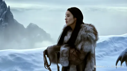分镜1: 身着毛皮披风的亚洲少女紧握粗糙缰绳站在积雪覆盖的岩脊上，冰晶在她乌黑长发间闪烁。镜头随她倒退的步伐缓缓后移，露出身后体型庞大、獠牙外露的雪原巨兽，厚实皮毛覆盖着钢针般的冰凌，暴风雪中传来低沉的嘶吼。远处锯齿状的山峰在雾霭中若隐若现。 by Hailuo AI Video Generator