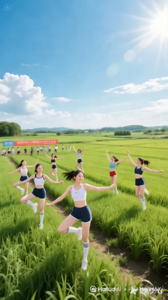 一群大学生在跳健美操比赛 by Hailuo AI Video Generator