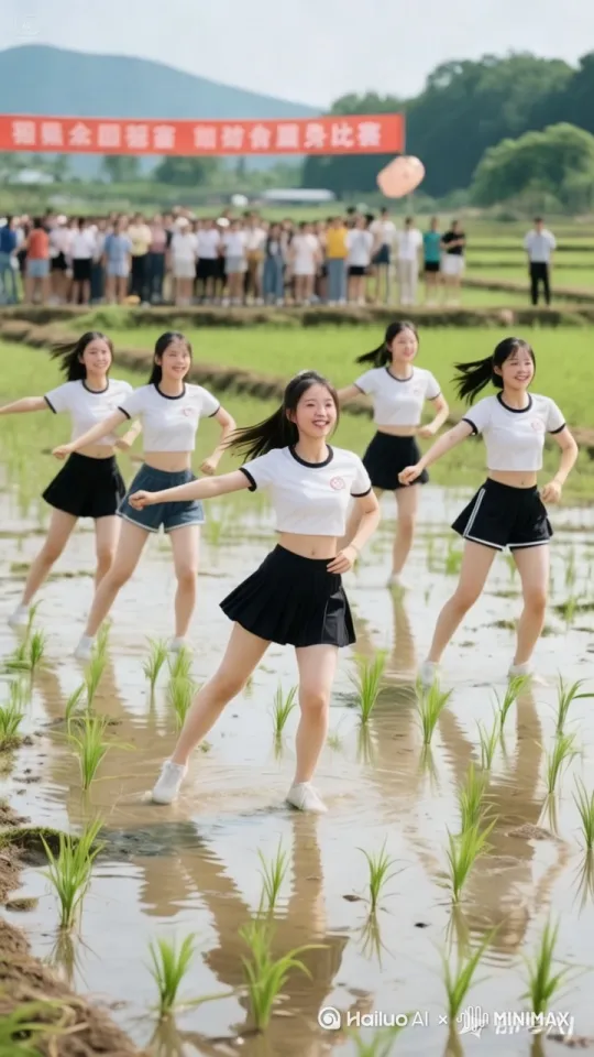 大学生在田间表演健美操[推出,上升,下摇] by Hailuo AI Video Generator