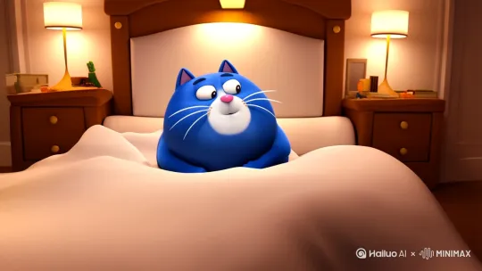 蓝色，嘴巴和肚子一块白色的卡通胖猫半夜在床上翻来覆去睡不着 by Hailuo AI Video Generator