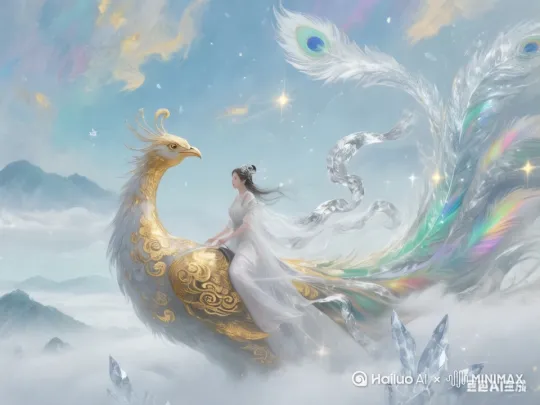 凤凰展开翅膀驮着女子飞上天空，镜头跟随[左移,右摇,跟随] by Hailuo AI Video Generator