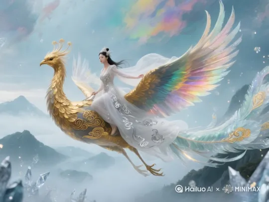 帮我生成一个视频：凤凰驮着女子极速扇动翅膀向前飞行，镜头跟随并极速后拉向下成仰视视角。比例 4:3。 by Hailuo AI Video Generator