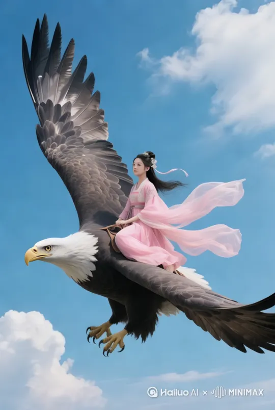 第三组
人与雄鹰动作：美女端坐在雄鹰背上，沿着峡谷向前方的南迦巴瓦金山缓缓飞去。
运镜：运用长镜头跟拍，在飞越山峰的关键节点，如峰顶、山谷时，采用慢动作拍摄，突出日照金山的美景，展现南迦巴瓦金山的宏大场景与局部特色。
光线：阳光从上方直射下来，照亮美女和雄鹰的上半部分，形成鲜明的明暗对比。南迦巴瓦金山在阳光的照耀下闪耀着金色的光芒，呈现日照金山的壮美景观，而山体的阴影部分则呈现出深邃的蓝色和灰色，增强了画面的视觉冲击力。云雾在光线的作用下，呈现出不同的透明度和色彩变化，为画面增添了动态的美感和神秘的氛围。
场景：晴朗的蓝天下，南迦巴瓦金山呈现日照金山壮观独特的美景，屹立在天地之间。山峰周围是连绵起伏的山脉，山上的植被随着海拔的变化呈现出不同的色彩，从山脚下的绿色到山腰的白色，再到山顶的金色，层次分明。山谷中可能有湍急的河流奔腾而下，溅起白色的水花，为这壮丽的雪山景观增添了一份灵动与活力。 by Hailuo AI Video Generator