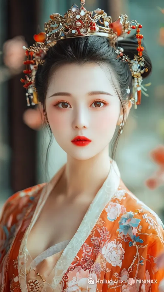 身着橙色花纹传统服饰的女性优雅转身，灯光逐渐明亮映出红色宝石头饰的光泽，背景花瓣缓缓飘落，妆容精致的面容带着淡淡微笑，固定镜头。 by Hailuo AI Video Generator