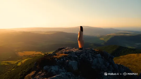 一个人站在乡村的大山顶眺望远方。 by Hailuo AI Video Generator