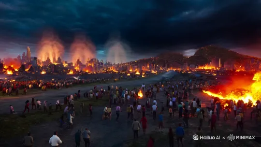 火山喷发唤醒地底巨龙，沿途城市被火焰吞噬，直逼人类最后基地 by Hailuo AI Video Generator