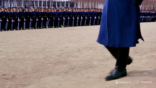 一位中国近代的军官阅兵，一排排士兵站着，从军官脚慢慢移动到全身（左移、右拉，跟随） by Hailuo AI Video Generator