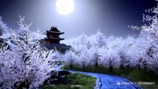 一条蜿蜒的青石板小路穿过薄雾弥漫的樱花林，枝头盛放的白色樱花随风飘落，古朴的徽派老宅静静矗立在瀑布旁，春日满月悬挂天际，超宽视角展现8K高亮画面，自然光勾勒出银雾笼罩的清新春夜。[右移,左摇,跟随] by Hailuo AI Video Generator