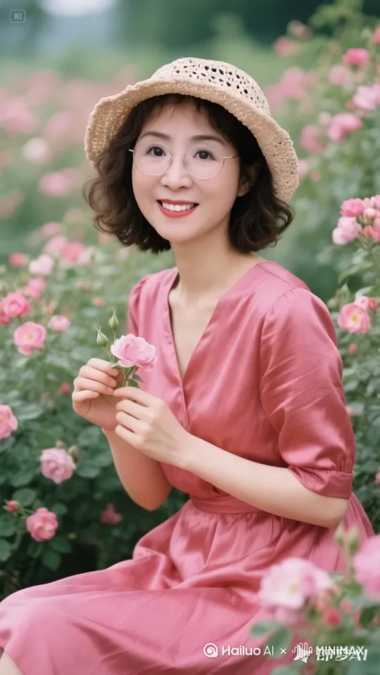 图中美女，手拿一束玫瑰花，走向屏幕，並把手中花儿献给你 by Hailuo AI Video Generator