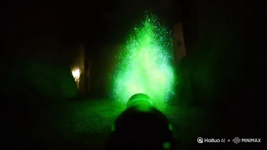 请帮我生成视频，时间2.5秒（第一视角冲击：幽绿鬼火粒子扑面，带观众后退动态模糊[8K粒子/镜头畸变/低光噪点]） by Hailuo AI Video Generator