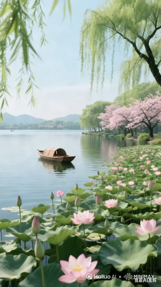 画面动起来，小船驶出画面。清风吹拂柳丝，岸边荷花也随风摇曳。[左移,上升] by Hailuo AI Video Generator
