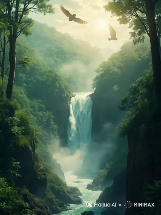 水在波涛汹涌的流动，运镜效果山谷在移动，翼龙在飞  暴龙在走动，树木从林被风吹动，瀑布边上雾气蒙蒙[推进,上升] by Hailuo AI Video Generator