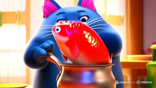 3D动画风格的猫,画面主体是一只蓝色的胖猫,耳朵内侧为粉色,有着白色的胡须和粉色的鼻子,嘴里哼着歌,左边爪子拿着锅柄抛锅,锅里的大红鲤鱼也上下翻了两次停下后,接着猫的左爪拿着锅柄,右边的爪子拿着锅铲慢慢按压鱼身三下 by Hailuo AI Video Generator