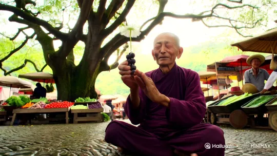 汉族老人闭目盘坐于古树下，枯手轻捻佛珠，落叶悬停于眉心前10厘米，清晨菜场水洼倒影：戴斗笠的卖菜阿婆笑颜与天空飞鸟重叠，积水被雨滴搅碎又重组，蒲公英种子嵌入青苔斑驳的石佛左眼，佛眼微睁的裂缝中萌出嫩芽,朽木截面年轮幻化为曼陀罗，蚂蚁驼经书沿纹理行走，经文字符随蚁足亮起金光。 by Hailuo AI Video Generator