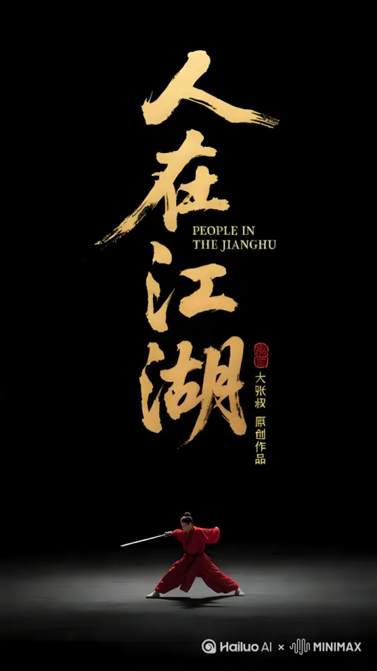 一个极小的江湖侠客在光影里跳跃腾挪，仗剑翻飞练习剑术。保持原人物的大小，且只有人物在动作，其它元素固定不动，也不要有运镜。 by Hailuo AI Video Generator