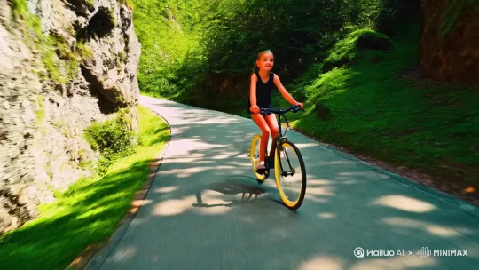 身材苗条的小姑娘，骑着自行车在山间小路骑行，镜头跟随小姑娘前行，两边景物不断变换 by Hailuo AI Video Generator