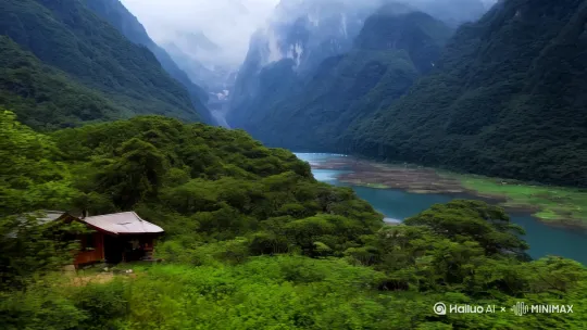 一家人独居深山，有树、有水、有动物 by Hailuo AI Video Generator