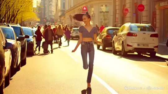 在繁华热闹的街头,阳光肆意洒落。一位活力四溢的美女映入眼帘,她身着一条剪裁合身的时尚牛仔裤,恰到好处地勾勒出她修长笔直的双腿,彰显着青春的灵动与不羁。上身搭配一件简约而不失格调的短上衣,露出一小截纤细白皙的腰肢,时尚感爆棚。她将一头乌黑亮丽的秀发高高扎起成利落的高马尾,随着她轻快的步伐,马尾在空中活泼地跳跃着,发尾泛着自然的光泽。她的脸上洋溢着灿烂的笑容,那笑容如同春日暖阳,璀璨而迷人,嘴角微微上扬,露出洁白整齐的牙齿,明亮的双眸弯成月牙状,仿佛藏着无尽的快乐,自信而又迷人地走在街头,吸引着过往行人的目光。 by Hailuo AI Video Generator