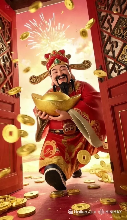 财神跑进来，周围钱币自然落下，财神口中说，财富来了 by Hailuo AI Video Generator