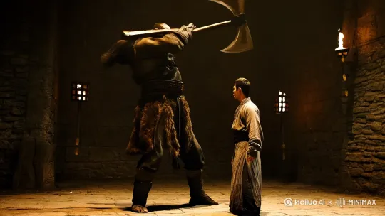反派攻击：“黑面煞星抡起巨斧，带起破风之声劈向主角面门”
主角闪避：“林辰不退反进，侧身如游鱼般躲过斧刃，同时左手成爪，直取对方手腕”
反击连招：“趁对手旧力已尽新力未生，右腿猛地横扫其下盘，‘咔嚓’一声，对方小腿骨应声而断！” by Hailuo AI Video Generator