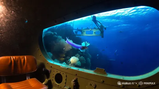 潜水艇海底漫游记
我蜷坐在改装军用潜水艇的弧形观景窗前，舱内皮革座椅散发着淡淡的机油味。随着艇身微微震动，窗外蔚蓝的海面迅速被波纹吞噬，光线像被抽走的丝带般渐次暗淡。下潜至200米时，周围已陷入浓稠的墨色，唯有舷窗外的浮游生物闪烁着幽蓝磷光，如同坠入倒悬的星河。
300米深度，探照灯骤然划破黑暗——沙丁鱼群正以精确的阵列旋舞，鳞片反射出流动的银箔；一只紫红色游泳海参舒展触腕，透明腹腔里盘曲的肠管清晰可见，宛如液态的水晶雕塑。潜艇擦过巨型海绵构筑的“森林”，那些乳白色生物竟生出树根状的触须扎进海泥，在强洋流中倔强挺立。
越过珊瑚峭壁，锈蚀的沉船残骸蓦然撞入视野。船桅上缠绕着发光水母的触须，舱门洞开处游出银鲛鱼群，它们的眼球退化成两粒苍白圆点，却精准地避开潜艇光束。当深度计指向6600米，深渊霸主狮子鱼悄然现身：它通体半透明，翅膜如蝉翼般颤动，在探照灯下投出三重鬼魅般的影子，缓慢巡弋的姿态带着远古王者的威仪。
机械臂采集岩石样本的嗡鸣惊动了岩缝间的居民：六腕海星迅速蜷缩成团，海蛇尾细长的腕足闪电般缩回石下。一株仅有拇指大的深海珊瑚附着在采集的玄武岩上，枝杈以45度角斜刺向上——这是为抵御强流演化出的生存智慧，宛若深海的胡杨林。返航时，舷窗上方逐渐晕开翡翠色的光斑，成群樽海鞘如透明灯笼升向浅海，仿佛一场无声的告别仪式 by Hailuo AI Video Generator