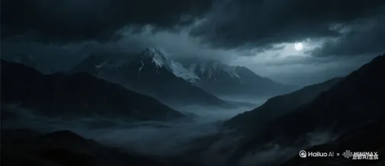 环境：强风吹动所有轻质物体
动态：云层飘动
背景：远处天空有变化的云层和闪电
光线：阴沉
元素：可见雨点或雪花

夜晚的干城章嘉雪山远景，月光暗淡，阴沉恐怖，充满压迫感[下降,上摇]。电影级光效。 by Hailuo AI Video Generator