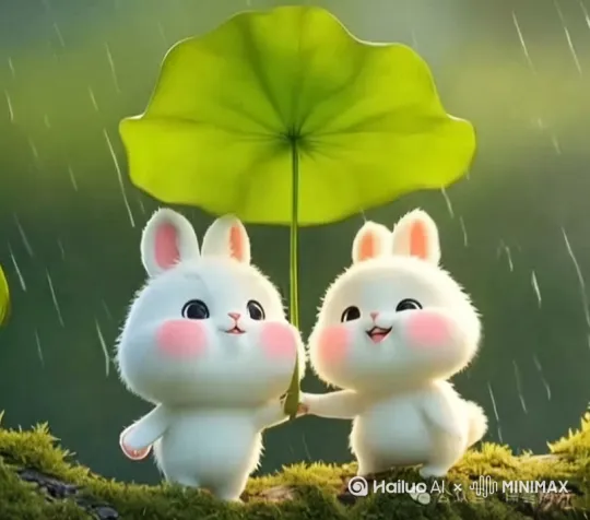 七彩斑斓天空之镜，下着微风吹过的大雨，两只图片里的兔子，在下雨的荷叶下开心的手牵手，往回家的路上走着走着，看见了美丽的彩虹桥 by Hailuo AI Video Generator