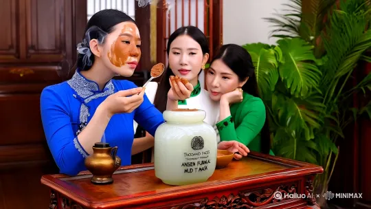 瓜子脸的古代小姐衣着蓝色调为主，对着一面古风镜子，一勺一勺的敷着咖啡色的中药面膜。[推进]红木雕花桌上放着一个羊脂玉罐，罐子上写着"千人千方，古方泥膜"[右移,左摇,跟随]桌角左边有一个青烟袅袅的香炉，右边是一株极具温柔的绿植，[拉远][右移,左摇,跟随]桌前还有一个着白衣调绿色线条的小姐正搅拌着小碗里的咖色面膜，眼睛看着蓝色衣调的小姐姐问道"你用了多久，皮肤如此光滑"，蓝色衣调的小姐回答道"还未有两月呢"白衣女子旁边还有以为绿色衣裳的女子单手托着下巴，眼瞅着二人，说着"我也在千百丽家入手了一罐呢"白衣女子答复道"我也要，等下我也去入手一罐"蓝色衣调女子回答"是的，你去她家它会根据你的皮肤来调适合你的面膜。"背景是古香古色的样试，整个画面温馨典雅 by Hailuo AI Video Generator