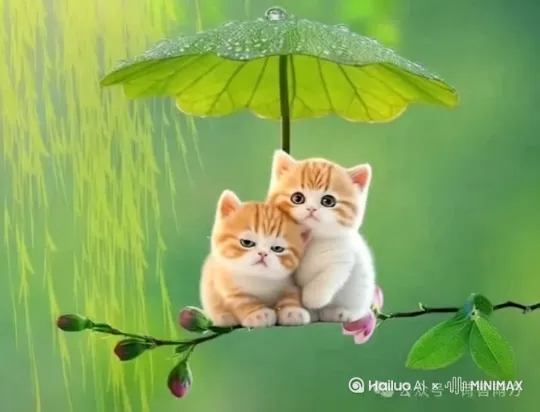 七彩斑斓天空之镜，下着微风吹过的大雨，两只图片里的小猫咪，在下雨的柳叶下开心、依偎一起欣赏着瓢泼大雨，看着往回家的路上，天空中出现美丽的彩虹， by Hailuo AI Video Generator