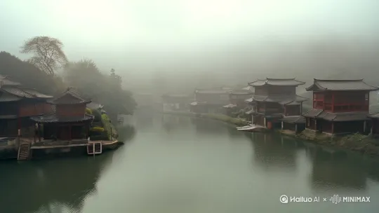 请生成一段展现江南烟雨古镇的视频，时长约 [1] 分钟。画面中，细密的雨丝如银线般纷纷扬扬地洒落，一条河流蜿蜒前行，两岸是沿河而造的民居，整个小桥流水人家被一层淡淡的、若有若无的烟雾所笼罩，营造出一种如梦似幻、烟雾飘渺的氛围。镜头从远处缓缓拉近，切换到河流中的乌篷船上，晶莹的雨滴从船上滑落。滑落的过程中，一只芊芊细手接过了雨滴，镜头随着手渐渐上移并且拉远，展现一位穿着旗袍的古典美女坐在船尾，撑着伞看向天空，表情蹙眉有点忧郁。在画面色调上，采用淡雅、清新的色调，以绿色和灰色为主，适当点缀一些柔和的暖色调，增强画面的层次感和氛围感。 by Hailuo AI Video Generator