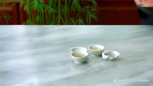 4K超清，电影级调色，全程采用升格慢镜头，搭配轻柔古筝配乐与自然环境音效。
 
场景1：准备阶段
俯拍视角，浅灰色大理石台面逐渐入镜，双手轻柔摆放日式黑陶茶盘、白瓷盖碗、竹制茶则、银壶、玻璃公杯及品茗杯。特写镜头聚焦于茶罐开启，龙井茶叶倾泻至茶则，翠绿色泽与细腻绒毛清晰可见，背景虚化处理，浮现淡雅水墨风格茶字。
 
场景2：温杯洁具
银壶注水，热水呈抛物线注入盖碗，水流冲击碗壁形成水花后倒入茶海，再依次烫洗公杯与品茗杯，杯壁凝结细密水珠滑落，搭配“温杯醒器，净心待茶”动态书法字幕。
 
场景3：投茶闻香
手持茶则将3克茶叶轻拨入盖碗，特写茶叶在碗中堆叠形态。镜头拉近至鼻尖轻嗅干茶香，画面浮现香气波纹特效，背景音效为舒缓吸气声，字幕显示“一嗅干香，鲜爽沁脾”。
 
场景4：注水冲泡
银壶以“凤凰三点头”技法注水，热水激起茶叶在碗中旋转翻腾，嫩芽逐渐舒展下沉，水面泛起细密泡沫。慢镜头呈现水流与茶叶交互动态，背景虚化展现窗外竹林光影摇曳。
 
场景5：出汤分茶
左手持盖轻刮浮沫，右手端起盖碗将茶汤呈弧线倒入公杯，橙红色茶汤在玻璃器皿中流转。公杯倾斜，茶汤均匀分入三只品茗杯，杯面泛起金边，字幕弹出“汤如琥珀，香韵初显”。
 
场景6：品茶鉴赏
特写手指轻托品茗杯，先旋转闻香，热气裹挟茶香升腾；慢镜头捕捉小口啜饮动作，茶汤在舌尖打转，喉间吞咽特写。画面切至冲泡者闭眼回味表情，浮现“甘润生津，齿颊留香”字幕。
 
收尾画面
全景展示茶席，空杯与残叶在茶盘，窗外夕阳洒落，浮现“一盏清茶，静享时光”书法大字，画面渐暗转为黑底白字茶品牌LOGO。 by Hailuo AI Video Generator