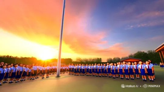 1旭日东升，在一学校的操场上，学生正在进行着庄严的升旗仪式 by Hailuo AI Video Generator