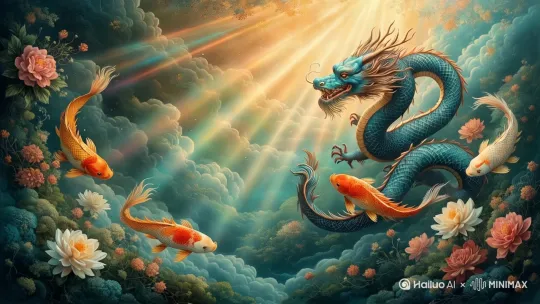 [推进,上升]龙随着镜头往上飞行，锦鲤在云中跳跃，花朵轻轻摇曳 by Hailuo AI Video Generator